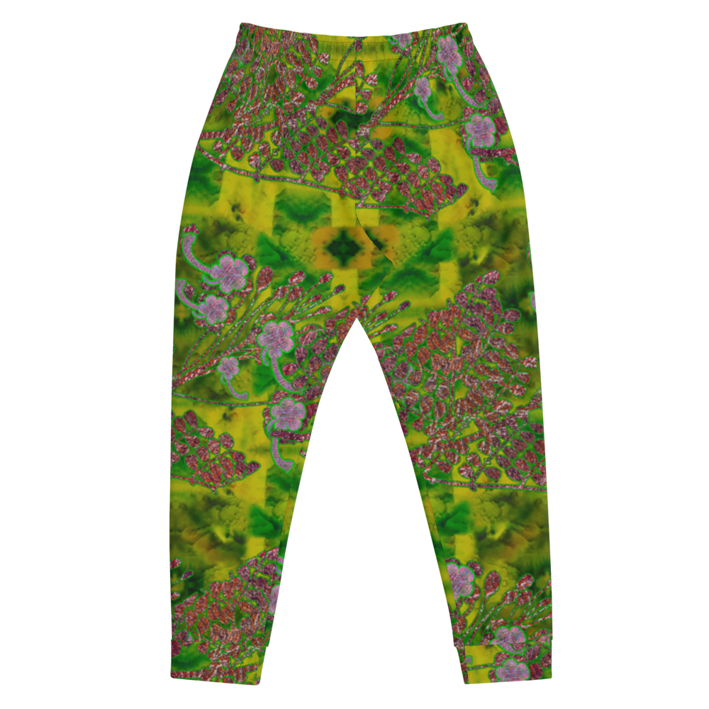 Hand Made, Print on Demand, Apparel & Accessories > Clothing > Activewear, Joggers, Sweatpants, River Jade Smithy, RJS, Travis Huffaker, RJSTH, 70% polyester, 27% cotton, 3% elastane, Slim fit, Cuffed legs, pockets, Elastic waistband, drawstring, RJSTH@Fabric#5, WindSong Flower, geometric, green, jade, purple, flowers, woven, copper, leaves, back