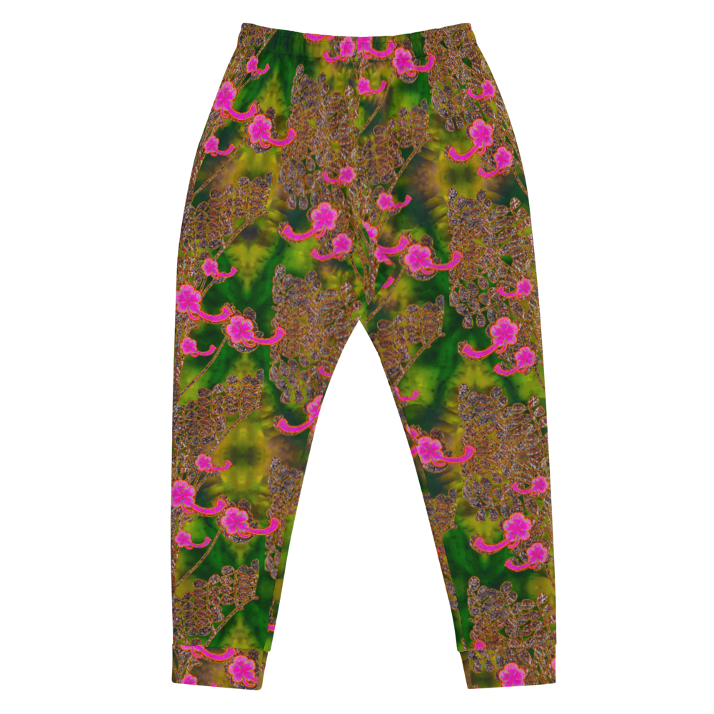 Hand Made, Print on Demand, Apparel & Accessories > Clothing > Activewear, Joggers, Sweatpants, River Jade Smithy, RJS, Travis Huffaker, RJSTH, 70% polyester, 27% cotton, 3% elastane, Slim fit, Cuffed legs, pockets, Elastic waistband, drawstring, RJSTH@Fabric#7, WindSong Flower Collection, patterned, green, jade, woven, copper, leaves, pink flowers, back