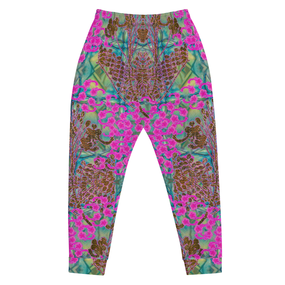 Hand Made, Print on Demand, Apparel & Accessories > Clothing > Activewear, Joggers, Sweatpants, River Jade Smithy, RJS, Travis Huffaker, RJSTH, 70% polyester, 27% cotton, 3% elastane, Slim fit, Cuffed legs, pockets, Elastic waistband, drawstring, RJSTH@Fabric#9, WindSong Flower Collection, geometric, raku, blue, crackle, woven, copper, leaves, pink, flowers, back