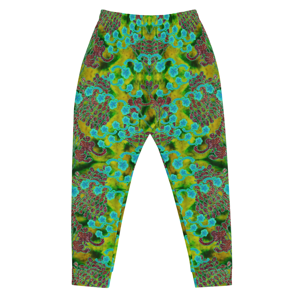 Hand Made, Print on Demand, Apparel & Accessories > Clothing > Activewear, Joggers, Sweatpants, River Jade Smithy, RJS, Travis Huffaker, RJSTH, 70% polyester, 27% cotton, 3% elastane, Slim fit, Cuffed legs, pockets, Elastic waistband, drawstring, RJSTH@Fabric#10, WindSong Flower, geometric, green, red, jade, Woven, copper, leaves, purple, flowers, back