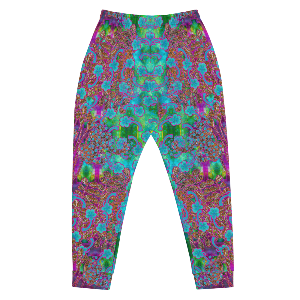 Hand Made, Print on Demand, Apparel & Accessories > Clothing > Activewear, Joggers, Sweatpants, River Jade Smithy, RJS, Travis Huffaker, RJSTH, 70% polyester, 27% cotton, 3% elastane, Slim fit, Cuffed legs, pockets, Elastic waistband, drawstring, RJSTH#Fabric#11, WindSong Flower Collection, blue, green, purple, Woven, Copper, leaves, Blue Flowers, back