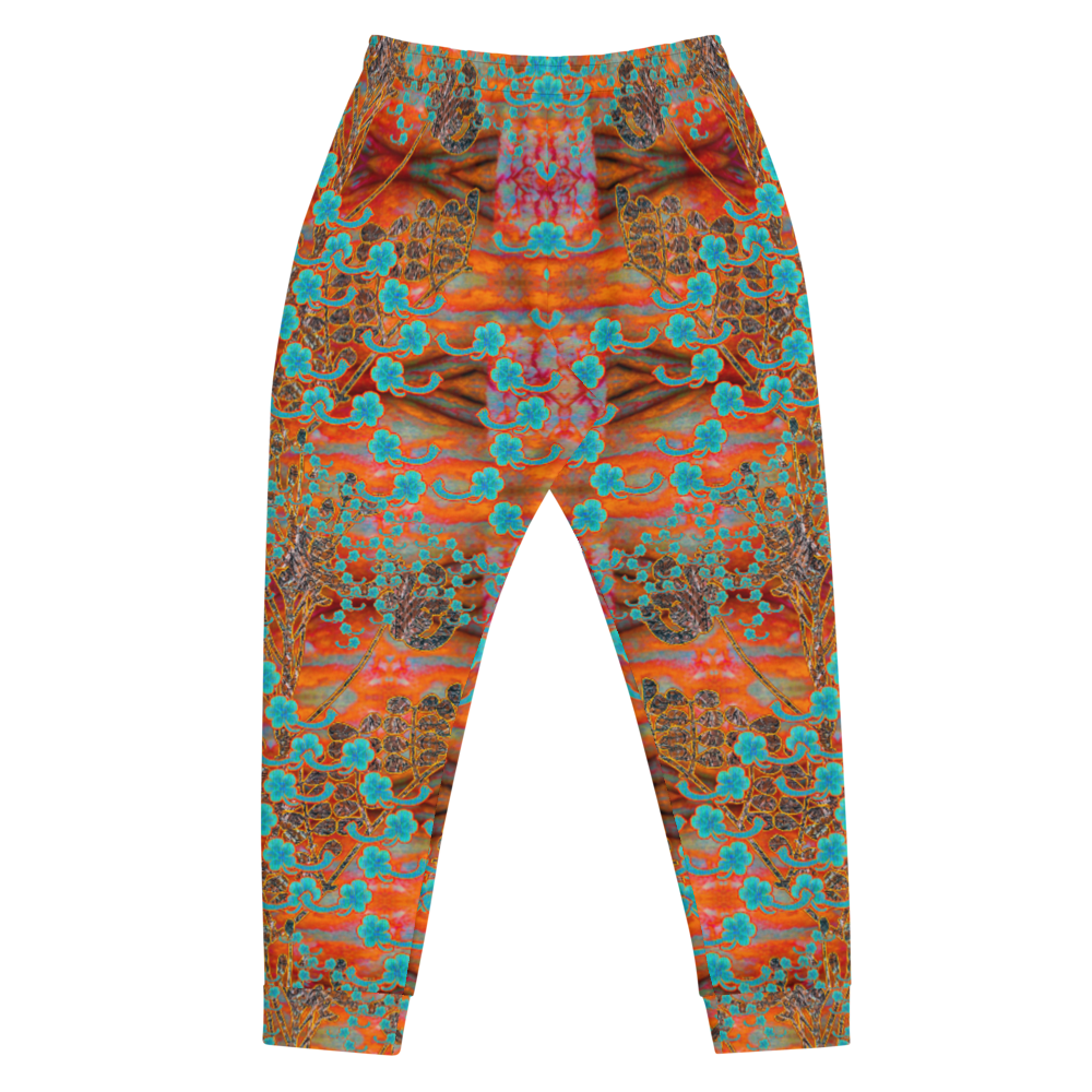 Hand Made, Print on Demand, Apparel & Accessories > Clothing > Activewear, Joggers, Sweatpants, River Jade Smithy, RJS, Travis Huffaker, RJSTH, 70% polyester, 27% cotton, 3% elastane, Slim fit, Cuffed legs, pockets, Elastic waistband, drawstring, RJSTH@Fabric#12, Windsong Flower, red, gray, woven, Copper, Blue Flowers, Back