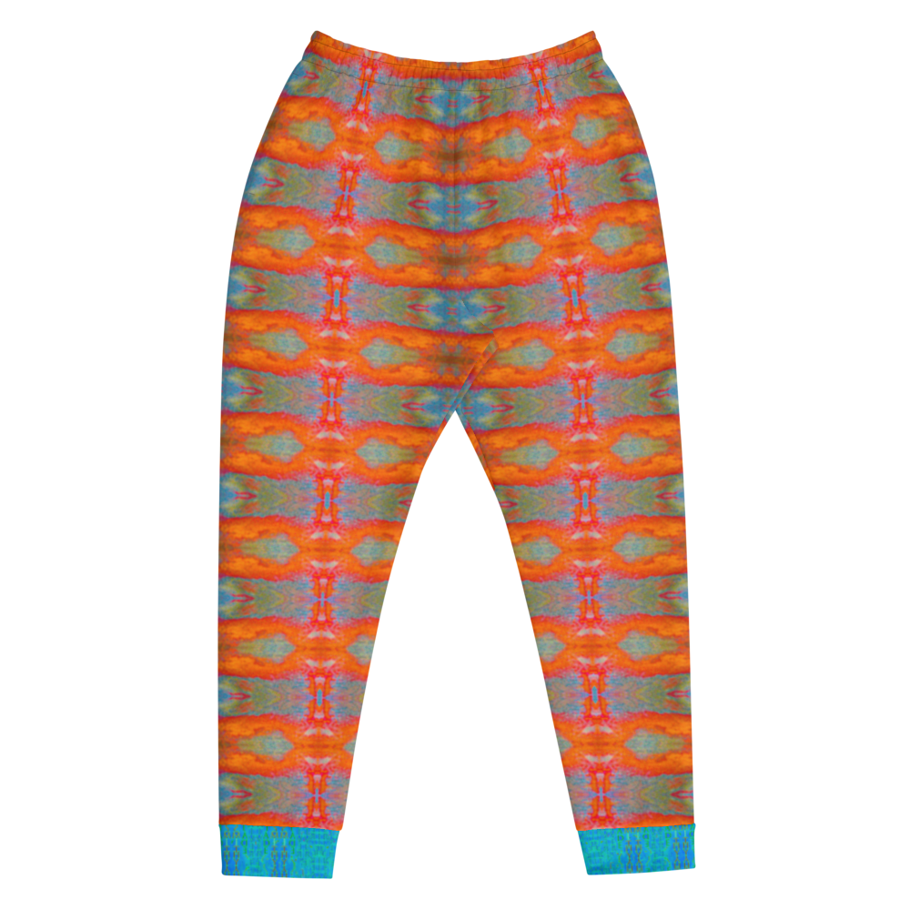 Hand Made, Print on Demand, Apparel & Accessories > Clothing > Activewear, Joggers, Sweatpants, River Jade Smithy, RJS, Travis Huffaker, RJSTH, 70% polyester, 27% cotton, 3% elastane, Slim fit, blue, Cuffed legs, pockets, Elastic waistband, drawstring, RJSTH#Fabric#12, raw Collection, raku, orange, red, gray, blue, geometric, front