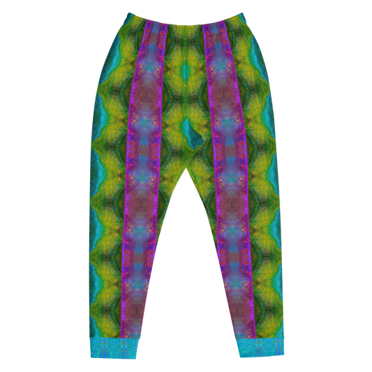 Hand Made, Print on Demand, Apparel & Accessories > Clothing > Activewear, Joggers, Sweatpants, River Jade Smithy, RJS, Travis Huffaker, RJSTH, 70% polyester, 27% cotton, 3% elastane, Slim fit, Blue, Cuffed legs, pockets, Elastic waistband, drawstring, RJSTH@Fabric#11, raku, geometric, purple, yellow, green, crackle, front