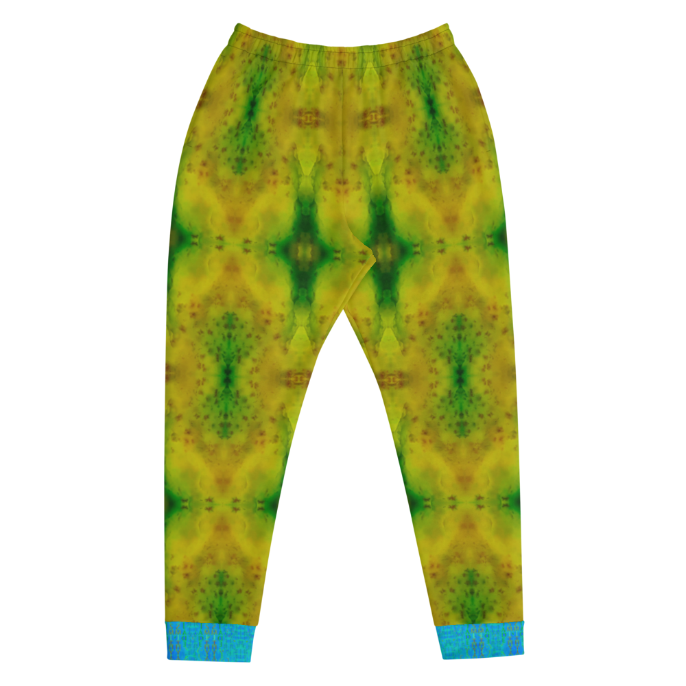 Hand Made, Print on Demand, Apparel & Accessories > Clothing > Activewear, Joggers, Sweatpants, River Jade Smithy, RJS, Travis Huffaker, RJSTH, 70% polyester, 27% cotton, 3% elastane, Slim fit, Blue, Cuffed legs, pockets, Elastic waistband, drawstring, RJSTH@Fabric#10, green, yellow, red, patterned, jade, stone, love, front