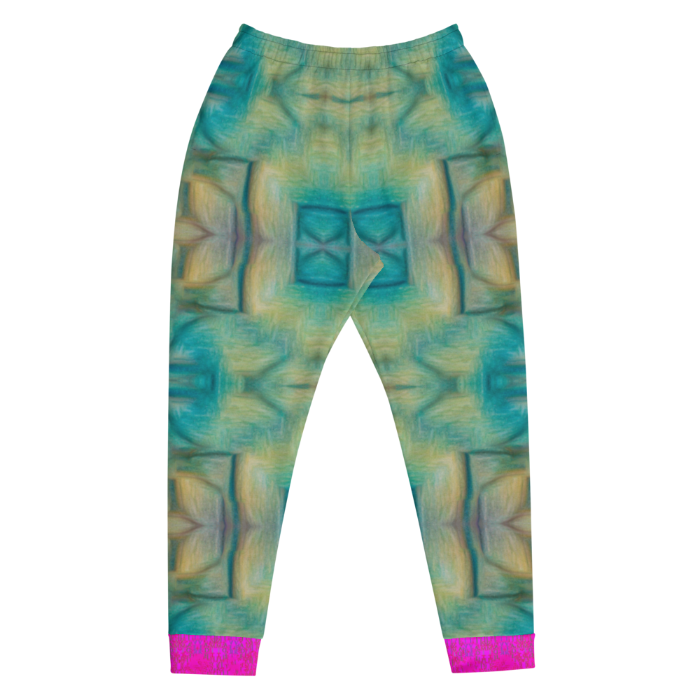 Hand Made, Print on Demand, Apparel & Accessories > Clothing > Activewear, Joggers, Sweatpants, River Jade Smithy, RJS, Travis Huffaker, RJSTH, 70% polyester, 27% cotton, 3% elastane, Slim fit, pink, Cuffed legs, pockets, Elastic waistband, drawstring, RJSTH@Fabric#9, raku, blue, green, pink, yellow, crackle, finger streaks in clay, abstract, geometric, front