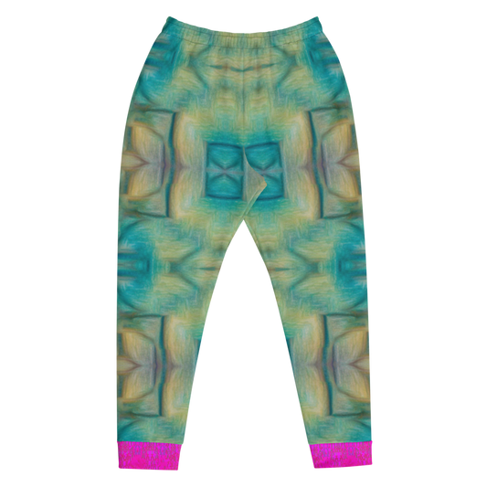 Hand Made, Print on Demand, Apparel & Accessories > Clothing > Activewear, Joggers, Sweatpants, River Jade Smithy, RJS, Travis Huffaker, RJSTH, 70% polyester, 27% cotton, 3% elastane, Slim fit, pink, Cuffed legs, pockets, Elastic waistband, drawstring, RJSTH@Fabric#9, raku, blue, green, pink, yellow, crackle, finger streaks in clay, abstract, geometric, front