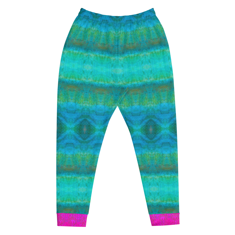 Hand Made, Print on Demand, Apparel & Accessories > Clothing > Activewear, Joggers, Sweatpants, River Jade Smithy, RJS, Travis Huffaker, RJSTH, 70% polyester, 27% cotton, 3% elastane, Slim fit, Pink Cuffed legs, pockets, Elastic waistband, drawstring, RJSTH@Fabric#8, raku, blue, green, teal, pink, crackle, abstract, front