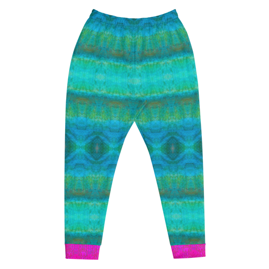 Hand Made, Print on Demand, Apparel & Accessories > Clothing > Activewear, Joggers, Sweatpants, River Jade Smithy, RJS, Travis Huffaker, RJSTH, 70% polyester, 27% cotton, 3% elastane, Slim fit, Pink Cuffed legs, pockets, Elastic waistband, drawstring, RJSTH@Fabric#8, raku, blue, green, teal, pink, crackle, abstract, front