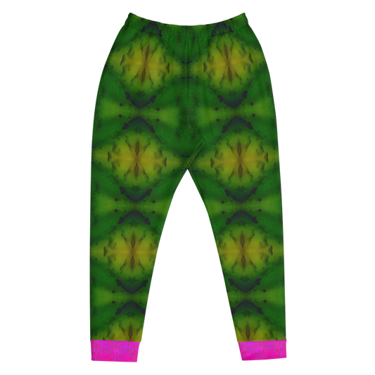 Hand Made, Print on Demand, Apparel & Accessories > Clothing > Activewear, Joggers, Sweatpants, River Jade Smithy, RJS, Travis Huffaker, RJSTH, 70% polyester, 27% cotton, 3% elastane, Slim fit, Pink, Cuffed legs, pockets, Elastic waistband, drawstring, RJSTH@Fabric#7, geometric, patterned, green, purple, jade, stone, front