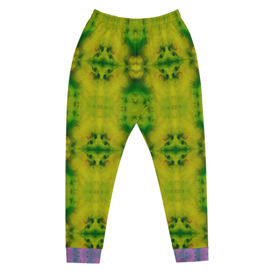 ,Hand Made, Print on Demand, Apparel & Accessories > Clothing > Activewear, Joggers, Sweatpants, River Jade Smithy, RJS, Travis Huffaker, RJSTH, 70% polyester, 27% cotton, 3% elastane, Slim fit, Cuffed legs, pockets, Elastic waistband, drawstring, RJSTH@Fabric#5, geometric, green, yellow, jade, purple, leg, cuff, love, front