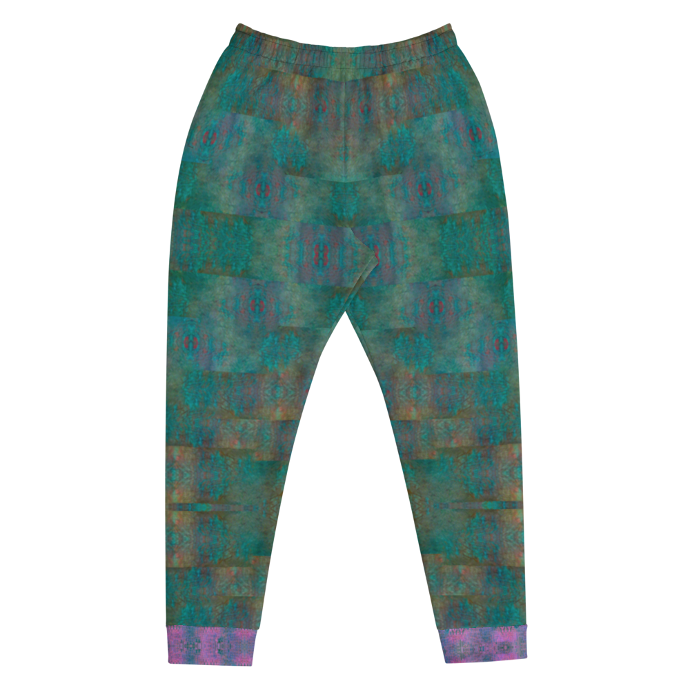 Hand Made, Print on Demand, Apparel & Accessories > Clothing > Activewear, Joggers, Sweatpants, River Jade Smithy, RJS, Travis Huffaker, RJSTH, 70% polyester, 27% cotton, 3% elastane, Slim fit, Cuffed legs, pockets, Elastic waistband, drawstring, RJSTH@Fabric#4, raku, blue, green, purple cuff, geometric, crackle, detail, front