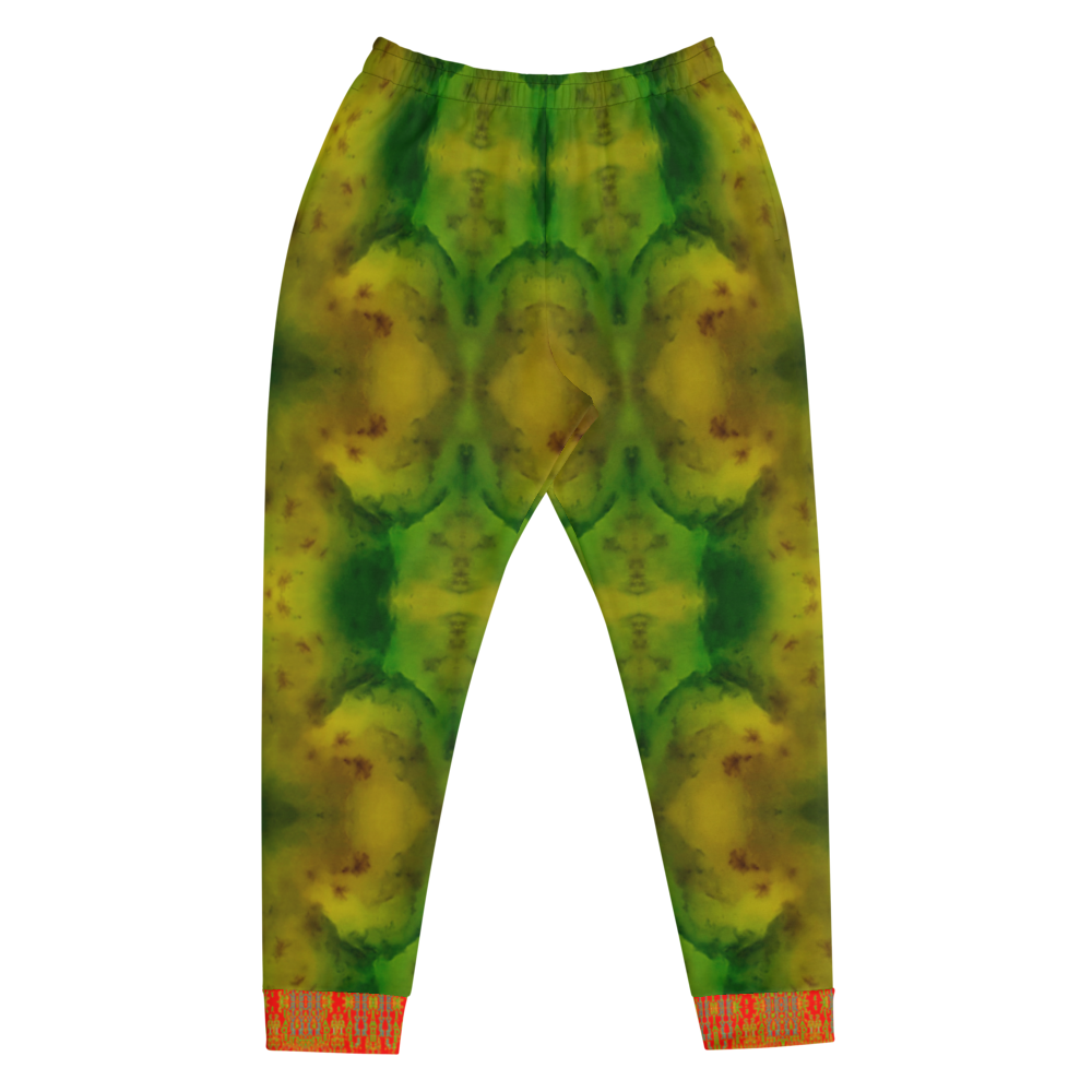 Hand Made, Print on Demand, Apparel & Accessories > Clothing > Activewear, Joggers, Sweatpants, River Jade Smithy, RJS, Travis Huffaker, RJSTH, 70% polyester, 27% cotton, 3% elastane, Slim fit, Cuffed legs, pockets, Elastic waistband, drawstring, RJSTH@Fabric#3, geometric, mottled, green, jade, orange, cuff, love, front