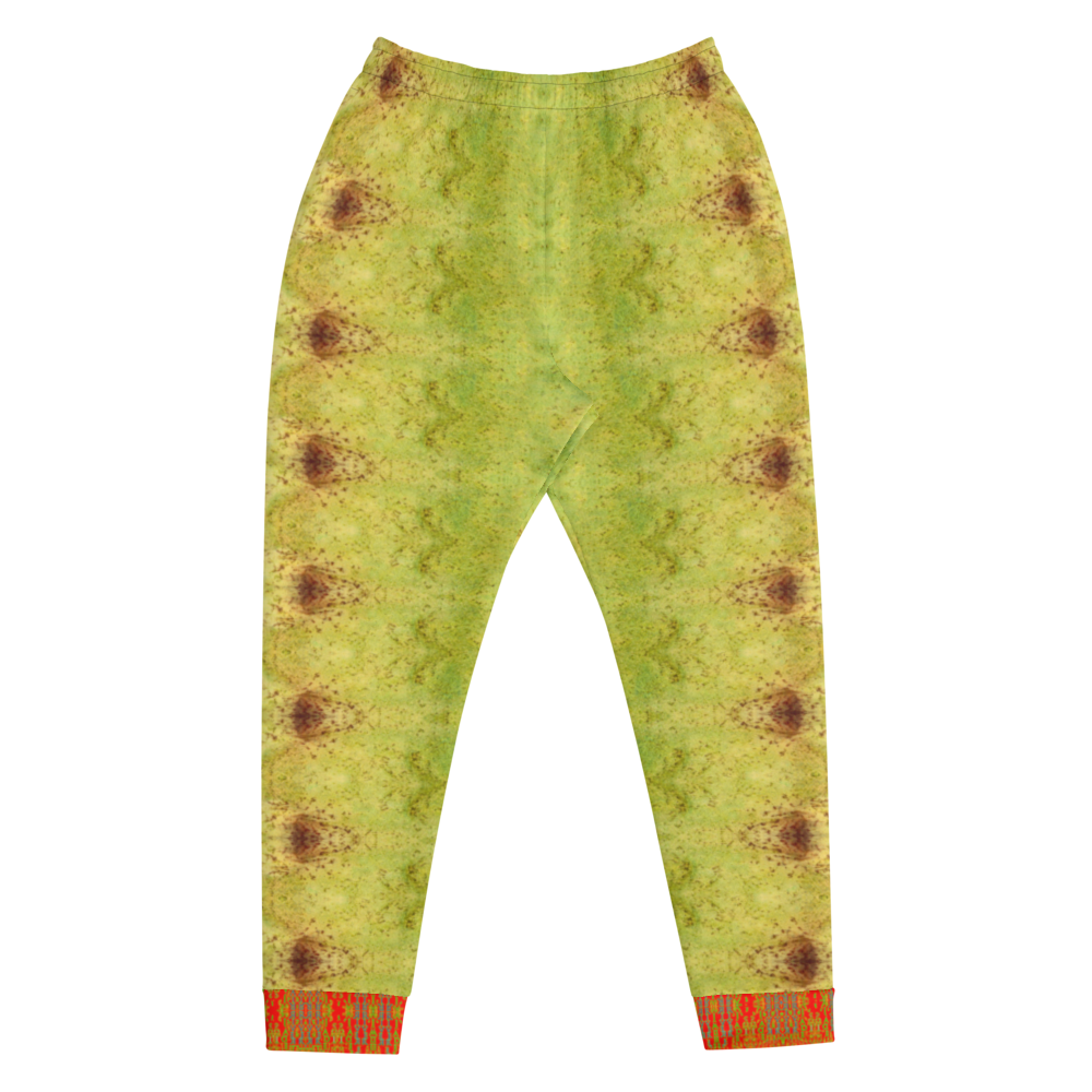 Hand Made, Print on Demand, Apparel & Accessories > Clothing > Activewear, Joggers, Sweatpants, River Jade Smithy, RJS, Travis Huffaker, RJSTH, 70% polyester, 27% cotton, 3% elastane, Slim fit, Cuffed legs, pockets, Elastic waistband, drawstring, RJSTH@Fabric#2, raku, moss, green, brown, glass, orange, stripe, cuff, front