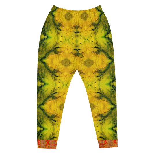 Hand Made, Print on Demand, Apparel & Accessories > Clothing > Activewear, Joggers, Sweatpants, River Jade Smithy, RJS, Travis Huffaker, RJSTH, 70% polyester, 27% cotton, 3% elastane, Slim fit, Cuffed legs, pockets, Elastic waistband, drawstring, RJSTH@Fabric#1,  geometric, yellow, jade, green, crystal, orange, cuff, front