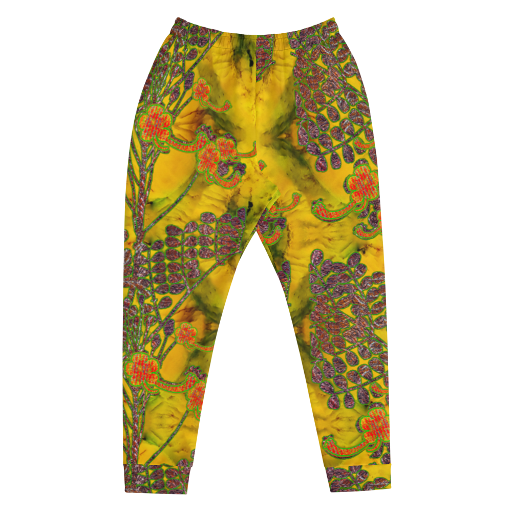 Hand Made, Print on Demand, Apparel & Accessories > Clothing > Activewear, Joggers, Sweatpants, River Jade Smithy, RJS, Travis Huffaker, RJSTH, 70% polyester, 27% cotton, 3% elastane, Slim fit, Cuffed legs, pockets, Elastic waistband, drawstring, RJSTH@Fabric#1, WindSong Flower, yellow, jade, orange, flower, copper, front