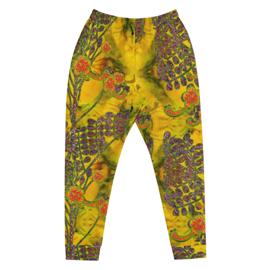 Hand Made, Print on Demand, Apparel & Accessories > Clothing > Activewear, Joggers, Sweatpants, River Jade Smithy, RJS, Travis Huffaker, RJSTH, 70% polyester, 27% cotton, 3% elastane, Slim fit, Cuffed legs, pockets, Elastic waistband, drawstring, RJSTH@Fabric#1, WindSong Flower, yellow, jade, orange, flower, copper, front