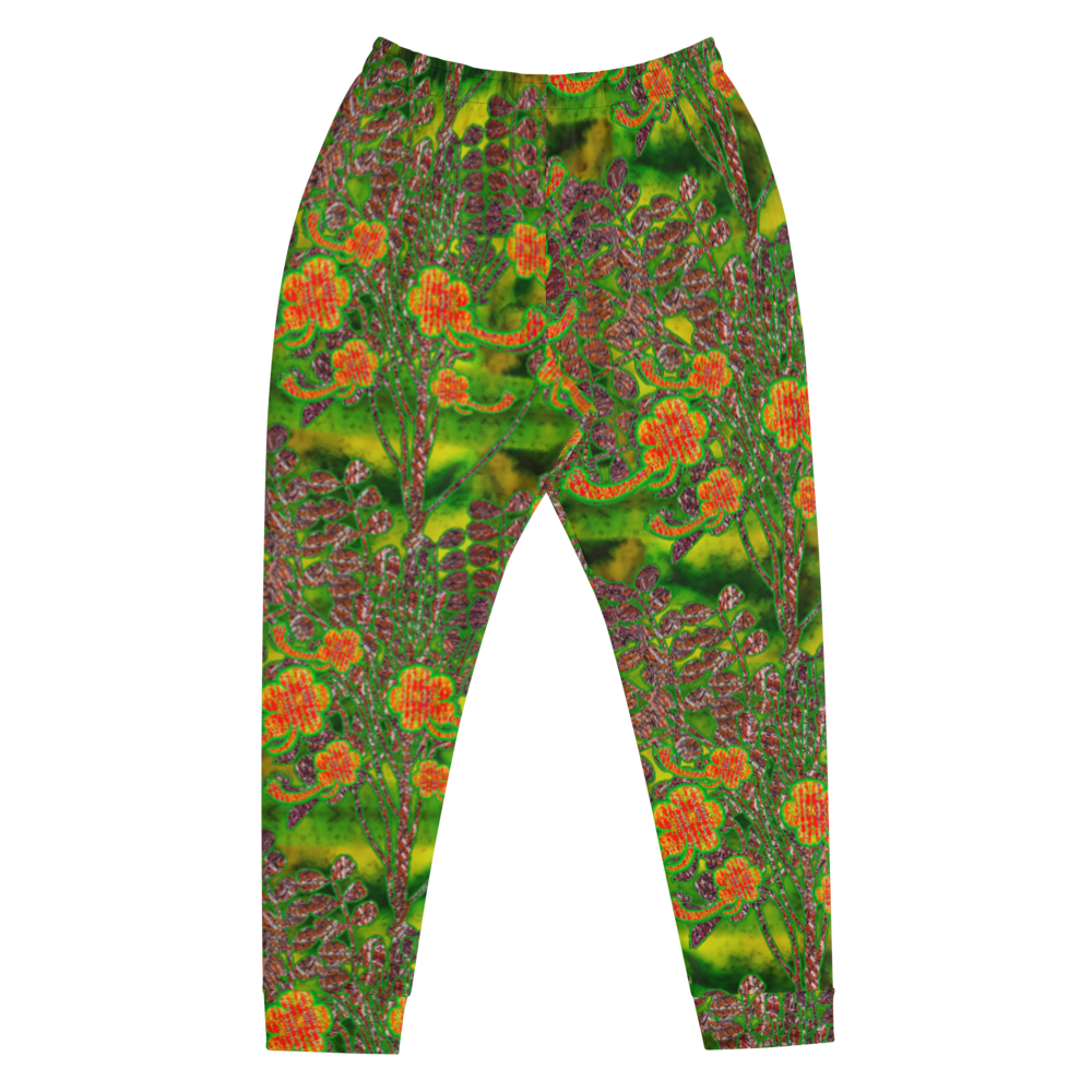 Hand Made, Print on Demand, Apparel & Accessories > Clothing > Activewear, Joggers, Sweatpants, River Jade Smithy, RJS, Travis Huffaker, RJSTH, 70% polyester, 27% cotton, 3% elastane, Slim fit, Cuffed legs, pockets, Elastic waistband, drawstring, RJSTH@Fabric#3, WindSong Flower, jade, green, orange, flowers, copper, front