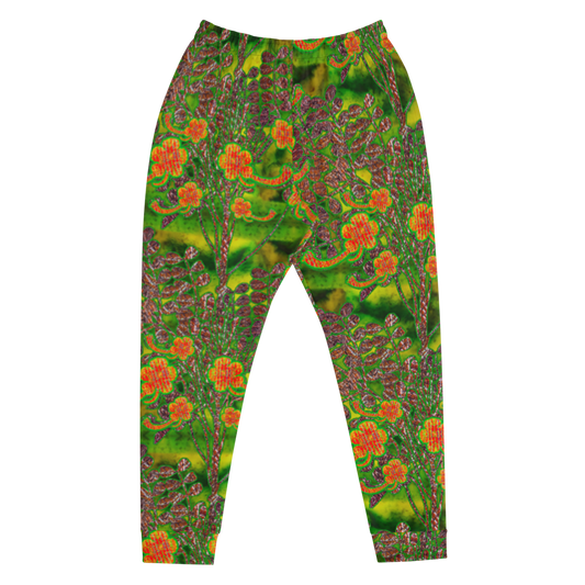 Hand Made, Print on Demand, Apparel & Accessories > Clothing > Activewear, Joggers, Sweatpants, River Jade Smithy, RJS, Travis Huffaker, RJSTH, 70% polyester, 27% cotton, 3% elastane, Slim fit, Cuffed legs, pockets, Elastic waistband, drawstring, RJSTH@Fabric#3, WindSong Flower, jade, green, orange, flowers, copper, front