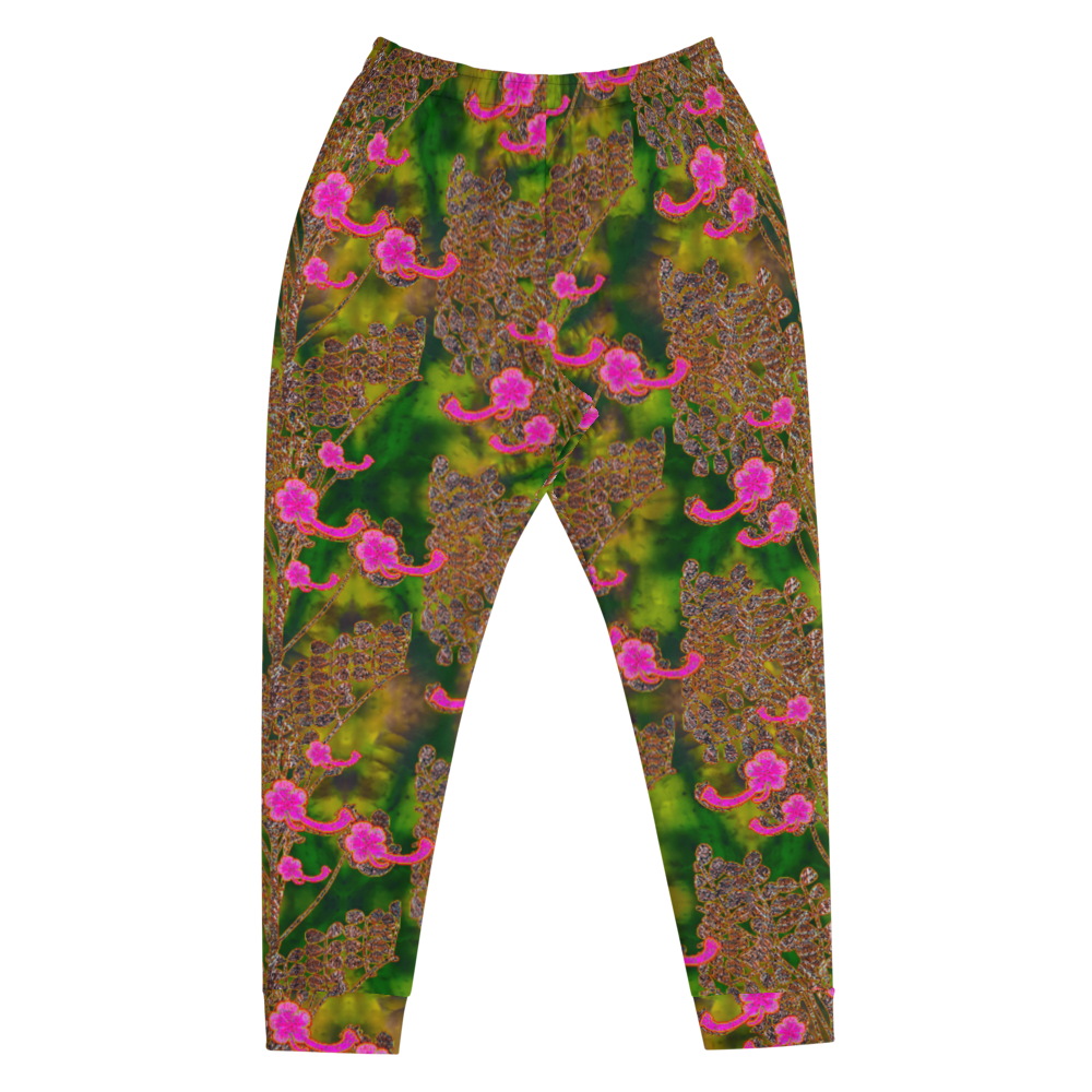 Hand Made, Print on Demand, Apparel & Accessories > Clothing > Activewear, Joggers, Sweatpants, River Jade Smithy, RJS, Travis Huffaker, RJSTH, 70% polyester, 27% cotton, 3% elastane, Slim fit, Cuffed legs, pockets, Elastic waistband, drawstring, RJSTH@Fabric#7, WindSong Flower Collection, patterned, green, jade, woven, copper, leaves, pink flowers, front