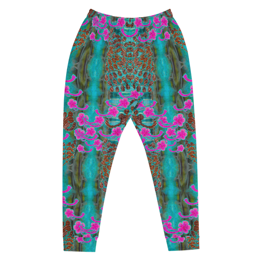 Hand Made, Print on Demand, Apparel & Accessories > Clothing > Activewear, Joggers, Sweatpants, River Jade Smithy, RJS, Travis Huffaker, RJSTH, 70% polyester, 27% cotton, 3% elastane, Slim fit, Cuffed legs, pockets, Elastic waistband, drawstring, RJSTH@Fabric#8, WindSong Flower Collection, raku, blue crackle, woven copper leaves, pink flowers, front
