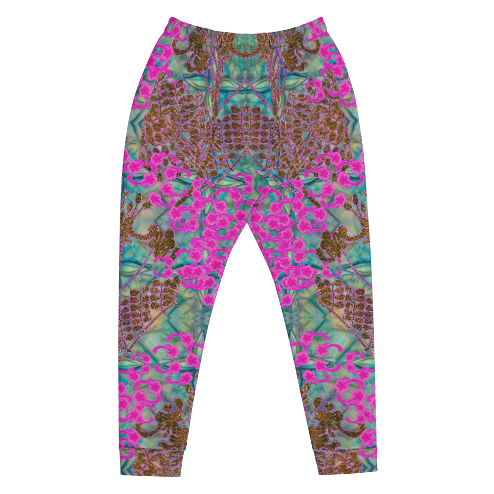 Hand Made, Print on Demand, Apparel & Accessories > Clothing > Activewear, Joggers, Sweatpants, River Jade Smithy, RJS, Travis Huffaker, RJSTH, 70% polyester, 27% cotton, 3% elastane, Slim fit, Cuffed legs, pockets, Elastic waistband, drawstring, RJSTH@Fabric#9, WindSong Flower Collection, geometric, raku, blue, crackle, woven, copper, leaves, pink, flowers, front