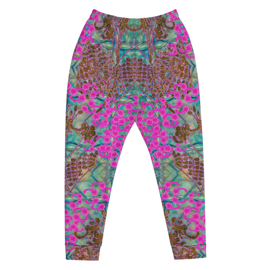 Hand Made, Print on Demand, Apparel & Accessories > Clothing > Activewear, Joggers, Sweatpants, River Jade Smithy, RJS, Travis Huffaker, RJSTH, 70% polyester, 27% cotton, 3% elastane, Slim fit, Cuffed legs, pockets, Elastic waistband, drawstring, RJSTH@Fabric#9, WindSong Flower Collection, geometric, raku, blue, crackle, woven, copper, leaves, pink, flowers, front