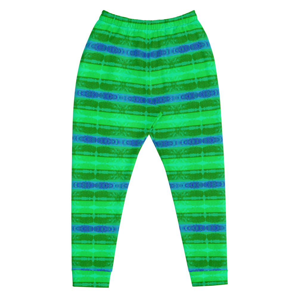 Hand Made, Print on Demand, Apparel & Accessories > Clothing > Activewear, Joggers, Sweatpants, River Jade Smithy, RJS, Travis Huffaker, RJSTH, 70% polyester, 27% cotton, 3% elastane, Slim fit, Cuffed legs, pockets, Elastic waistband, drawstring, RJSTH@Fabric#10, Rind#10, GNHV8.2.1, green, blue, jeweled, stripes, love, front