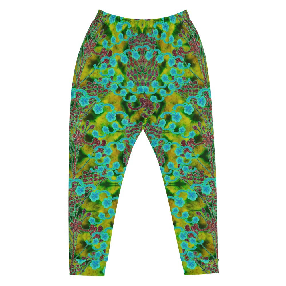 Hand Made, Print on Demand, Apparel & Accessories > Clothing > Activewear, Joggers, Sweatpants, River Jade Smithy, RJS, Travis Huffaker, RJSTH, 70% polyester, 27% cotton, 3% elastane, Slim fit, Cuffed legs, pockets, Elastic waistband, drawstring, RJSTH@Fabric#10, WindSong Flower, geometric, green, red, jade, Woven, copper, leaves, purple, flowers, front