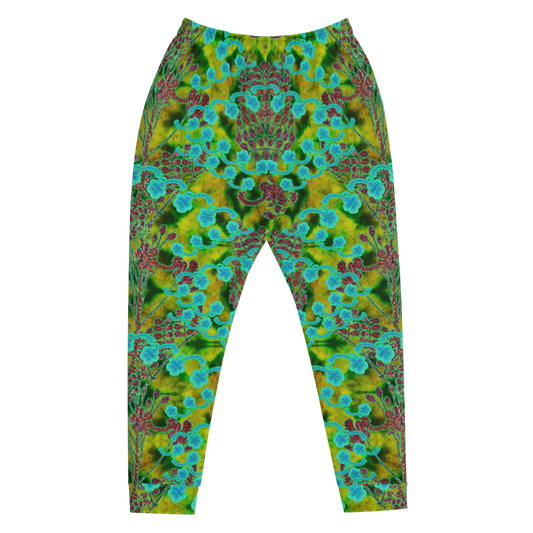 Hand Made, Print on Demand, Apparel & Accessories > Clothing > Activewear, Joggers, Sweatpants, River Jade Smithy, RJS, Travis Huffaker, RJSTH, 70% polyester, 27% cotton, 3% elastane, Slim fit, Cuffed legs, pockets, Elastic waistband, drawstring, RJSTH@Fabric#10, WindSong Flower, geometric, green, red, jade, Woven, copper, leaves, purple, flowers, front