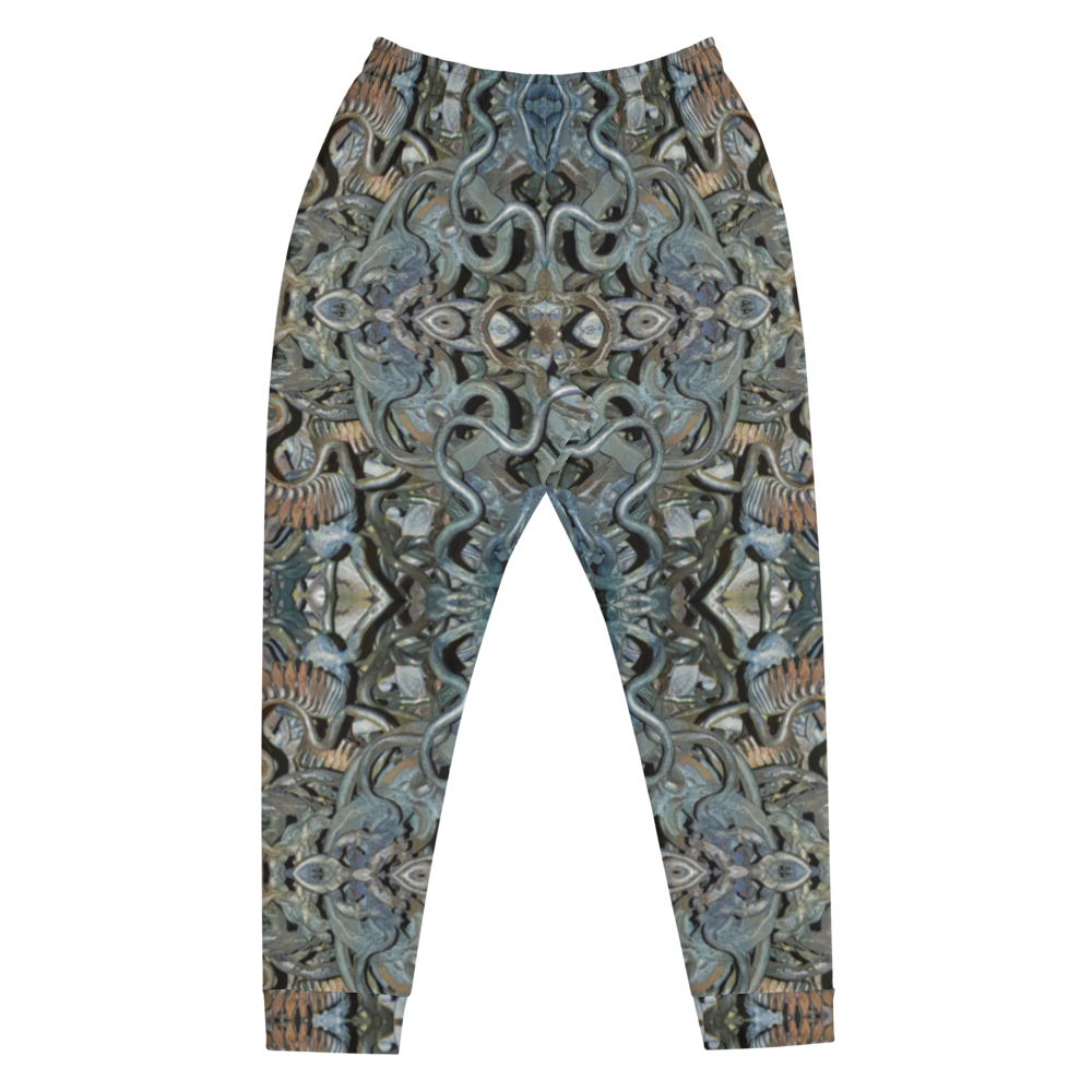 Hand Made, Print on Demand, Apparel & Accessories > Clothing > Activewear, Joggers, Sweatpants, River Jade Smithy, RJS, Travis Huffaker, RJSTH, 70% polyester, 27% cotton, 3% elastane, Slim fit, Cuffed legs, pockets, Elastic waistband, drawstring, Grail Night Hoard Virtus 8, GNHV8.11,  intricate, jeweled, copper patina, silver, gray, grail proof, front