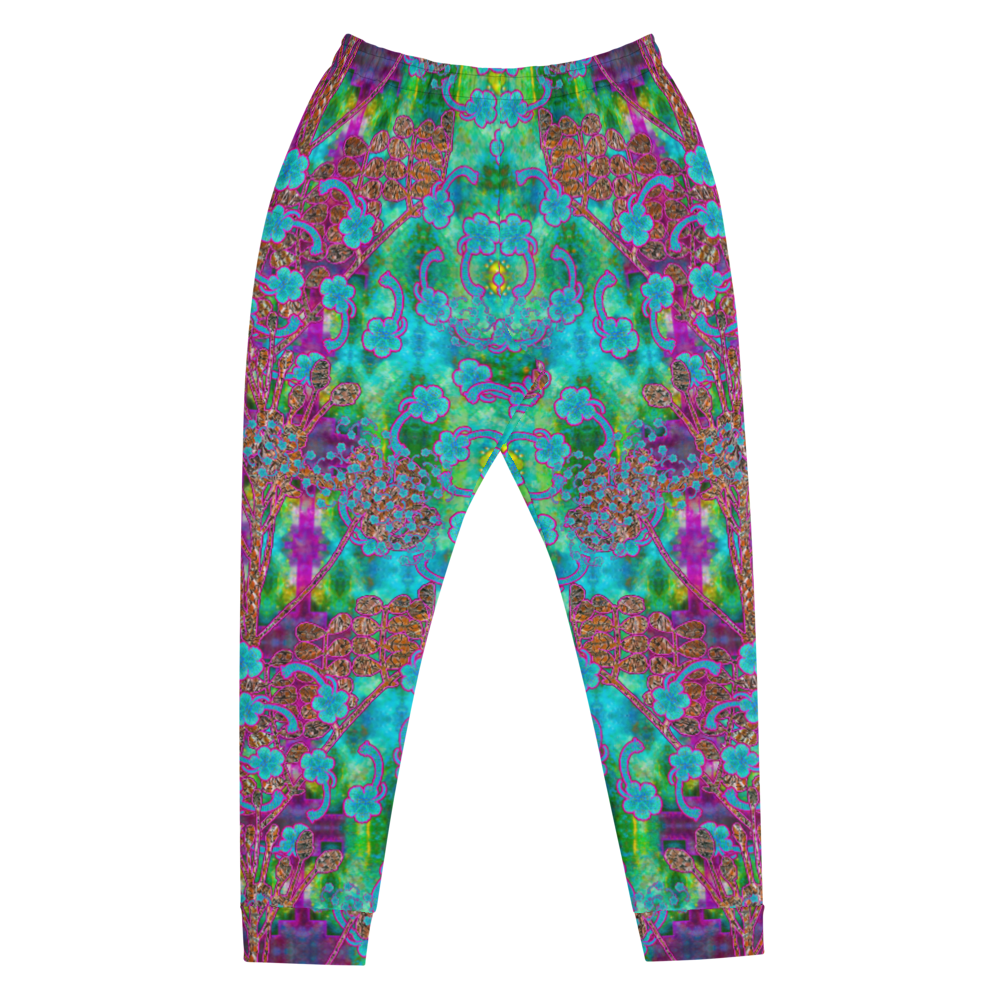 Hand Made, Print on Demand, Apparel & Accessories > Clothing > Activewear, Joggers, Sweatpants, River Jade Smithy, RJS, Travis Huffaker, RJSTH, 70% polyester, 27% cotton, 3% elastane, Slim fit, Cuffed legs, pockets, Elastic waistband, drawstring, RJSTH#Fabric#11, WindSong Flower Collection, blue, green, purple, Woven, Copper, leaves, Blue Flowers, front