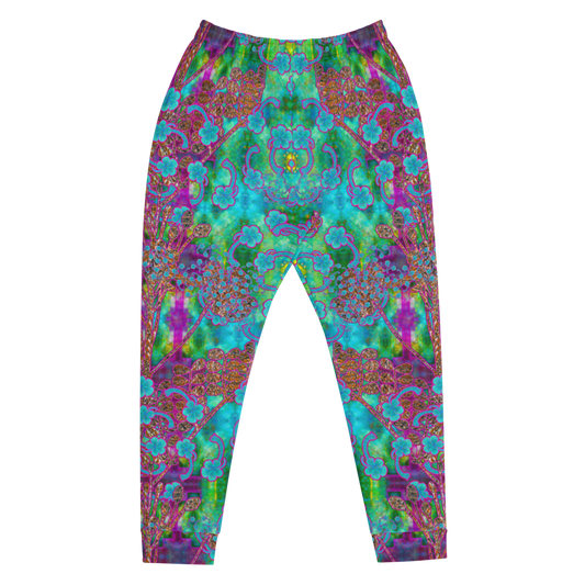 Hand Made, Print on Demand, Apparel & Accessories > Clothing > Activewear, Joggers, Sweatpants, River Jade Smithy, RJS, Travis Huffaker, RJSTH, 70% polyester, 27% cotton, 3% elastane, Slim fit, Cuffed legs, pockets, Elastic waistband, drawstring, RJSTH#Fabric#11, WindSong Flower Collection, blue, green, purple, Woven, Copper, leaves, Blue Flowers, front