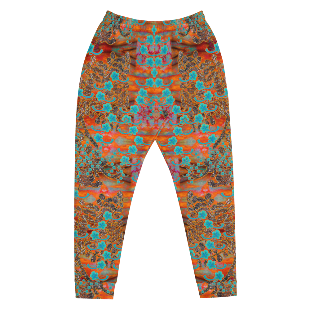 Hand Made, Print on Demand, Apparel & Accessories > Clothing > Activewear, Joggers, Sweatpants, River Jade Smithy, RJS, Travis Huffaker, RJSTH, 70% polyester, 27% cotton, 3% elastane, Slim fit, Cuffed legs, pockets, Elastic waistband, drawstring, RJSTH@Fabric#12, Windsong Flower, red, gray, woven, Copper, Blue Flowers , front