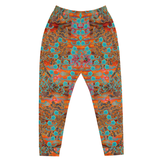 Hand Made, Print on Demand, Apparel & Accessories > Clothing > Activewear, Joggers, Sweatpants, River Jade Smithy, RJS, Travis Huffaker, RJSTH, 70% polyester, 27% cotton, 3% elastane, Slim fit, Cuffed legs, pockets, Elastic waistband, drawstring, RJSTH@Fabric#12, Windsong Flower, red, gray, woven, Copper, Blue Flowers , front