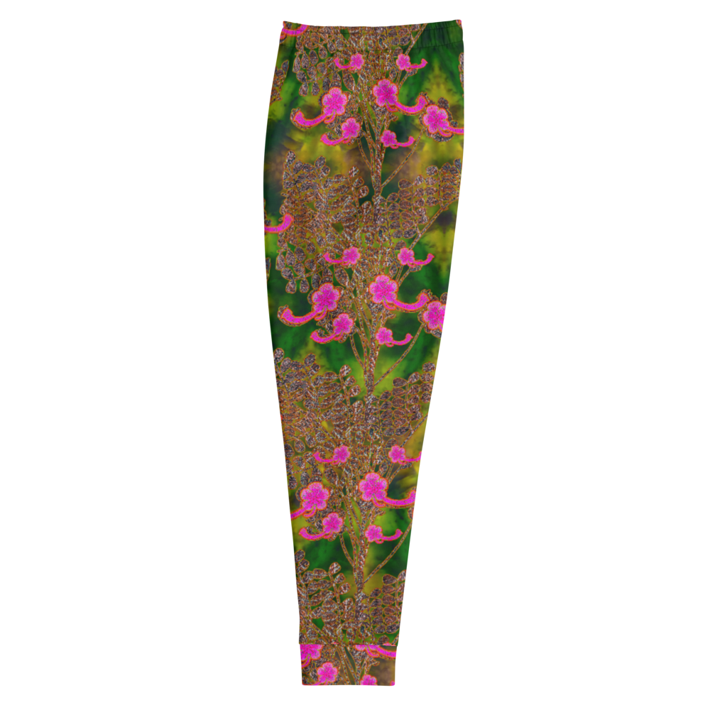 Hand Made, Print on Demand, Apparel & Accessories > Clothing > Activewear, Joggers, Sweatpants, River Jade Smithy, RJS, Travis Huffaker, RJSTH, 70% polyester, 27% cotton, 3% elastane, Slim fit, Cuffed legs, pockets, Elastic waistband, drawstring, RJSTH@Fabric#7, WindSong Flower Collection, patterned, green, jade, woven, copper, leaves, pink flowers, side