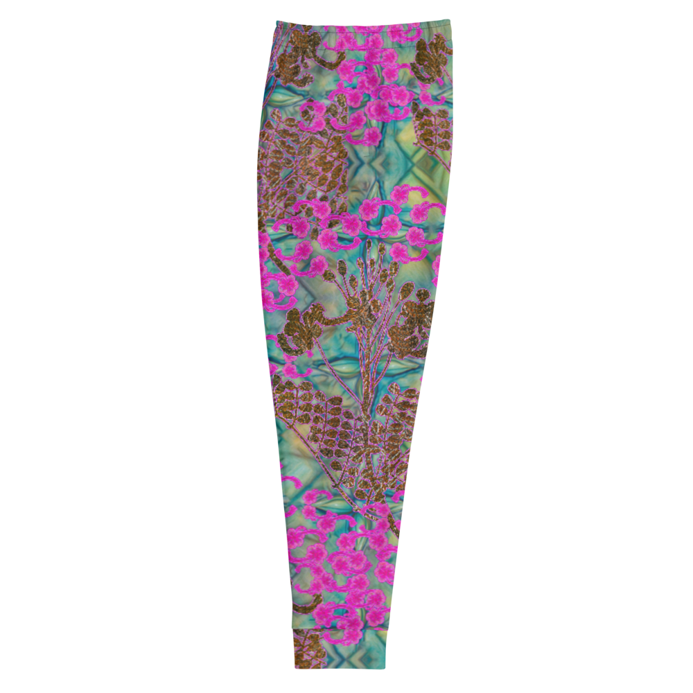 Hand Made, Print on Demand, Apparel & Accessories > Clothing > Activewear, Joggers, Sweatpants, River Jade Smithy, RJS, Travis Huffaker, RJSTH, 70% polyester, 27% cotton, 3% elastane, Slim fit, Cuffed legs, pockets, Elastic waistband, drawstring, RJSTH@Fabric#9, WindSong Flower Collection, geometric, raku, blue, crackle, woven, copper, leaves, pink, flowers, side