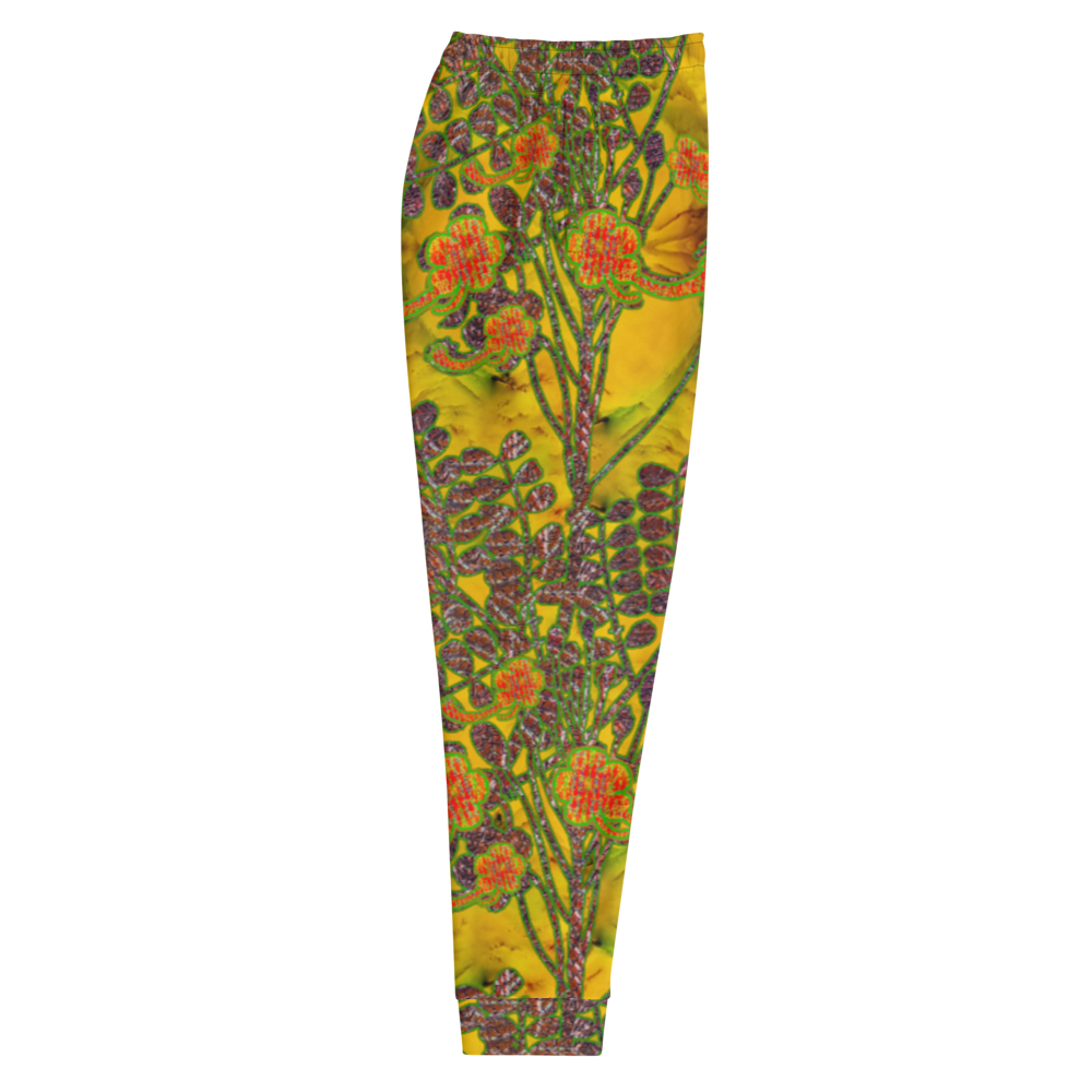 Hand Made, Print on Demand, Apparel & Accessories > Clothing > Activewear, Joggers, Sweatpants, River Jade Smithy, RJS, Travis Huffaker, RJSTH, 70% polyester, 27% cotton, 3% elastane, Slim fit, Cuffed legs, pockets, Elastic waistband, drawstring, RJSTH@Fabric#1, WindSong Flower, yellow, jade, orange, flower, copper, side