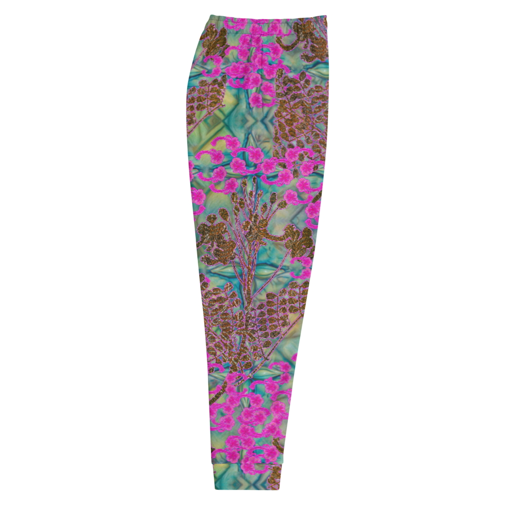 Hand Made, Print on Demand, Apparel & Accessories > Clothing > Activewear, Joggers, Sweatpants, River Jade Smithy, RJS, Travis Huffaker, RJSTH, 70% polyester, 27% cotton, 3% elastane, Slim fit, Cuffed legs, pockets, Elastic waistband, drawstring, RJSTH@Fabric#9, WindSong Flower Collection, geometric, raku, blue, crackle, woven, copper, leaves, pink, flowers, side