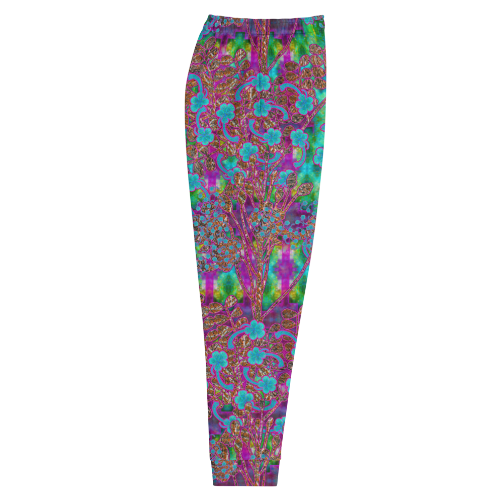 Hand Made, Print on Demand, Apparel & Accessories > Clothing > Activewear, Joggers, Sweatpants, River Jade Smithy, RJS, Travis Huffaker, RJSTH, 70% polyester, 27% cotton, 3% elastane, Slim fit, Cuffed legs, pockets, Elastic waistband, drawstring, RJSTH#Fabric#11, WindSong Flower Collection, blue, green, purple, Woven, Copper, leaves, Blue Flowers, side