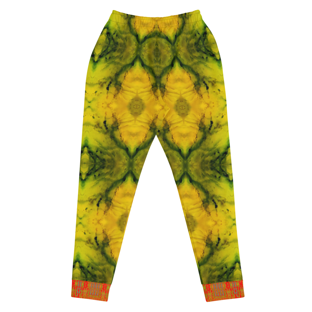 Hand Made, Print on Demand, Apparel & Accessories > Clothing > Activewear, Joggers, Sweatpants, River Jade Smithy, RJS, Travis Huffaker, RJSTH, 70% polyester, 27% cotton, 3% elastane, Slim fit, Cuffed legs, pockets, Elastic waistband, drawstring, RJSTH@Fabric#1, geometric, yellow, jade, green, crystal, orange, cuff, back