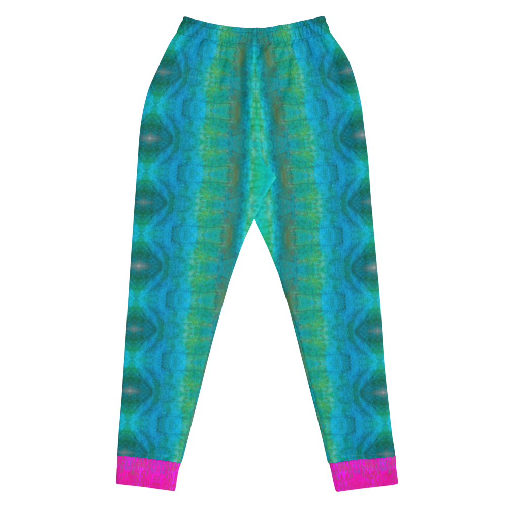 Hand Made, Print on Demand, Apparel & Accessories > Clothing > Activewear, Joggers, Sweatpants, River Jade Smithy, RJS, Travis Huffaker, RJSTH, 70% polyester, 27% cotton, 3% elastane, Slim fit, Pink Cuffed legs, pockets, Elastic waistband, drawstring, RJSTH@Fabric#8, raku, blue, green, teal, pink, crackle, abstract, back