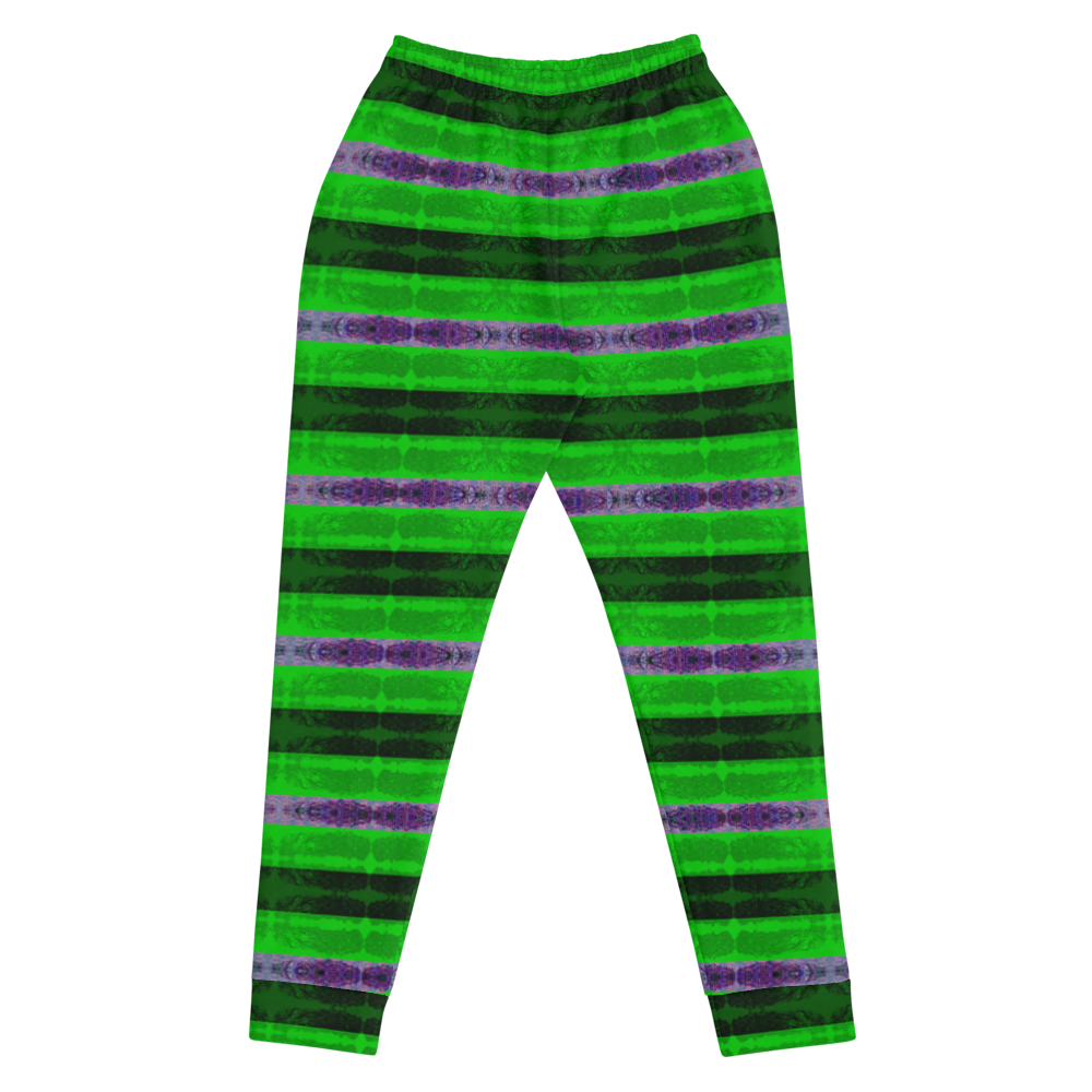 Hand Made, Print on Demand, Apparel & Accessories > Clothing > Activewear, Joggers, Sweatpants, River Jade Smithy, RJS, Travis Huffaker, RJSTH, 70% polyester, 27% cotton, 3% elastane, Slim fit, Cuffed legs, pockets, Elastic waistband, drawstring, Rind Link Collection, Rind#4, purple, lime, green, jewelled, stripes, back