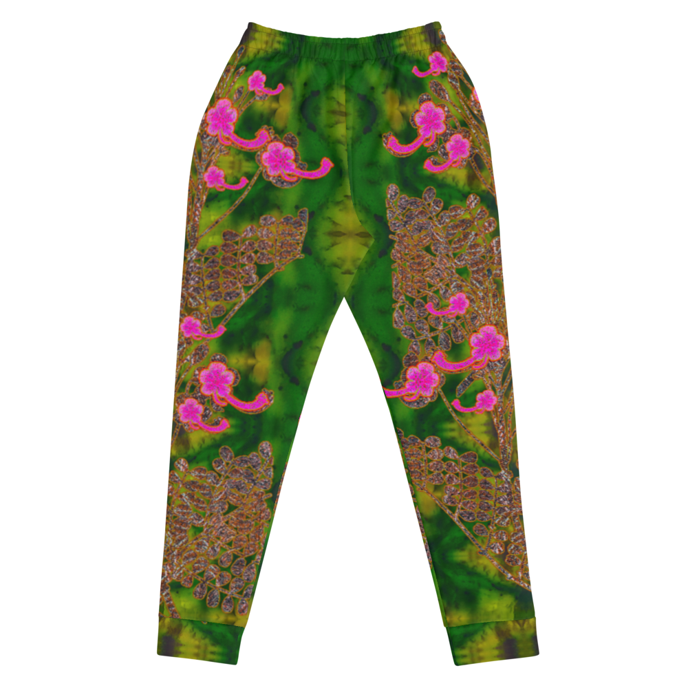 Hand Made, Print on Demand, Apparel & Accessories > Clothing > Activewear, Joggers, Sweatpants, River Jade Smithy, RJS, Travis Huffaker, RJSTH, 70% polyester, 27% cotton, 3% elastane, Slim fit, Cuffed legs, pockets, Elastic waistband, drawstring, RJSTH@Fabric#7, WindSong Flower Collection, patterned, green, jade, woven, copper, leaves, pink flowers, front