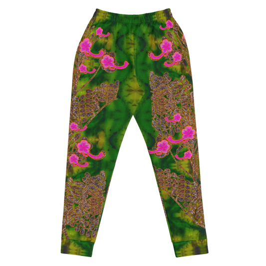 Hand Made, Print on Demand, Apparel & Accessories > Clothing > Activewear, Joggers, Sweatpants, River Jade Smithy, RJS, Travis Huffaker, RJSTH, 70% polyester, 27% cotton, 3% elastane, Slim fit, Cuffed legs, pockets, Elastic waistband, drawstring, RJSTH@Fabric#7, WindSong Flower Collection, patterned, green, jade, woven, copper, leaves, pink flowers, front