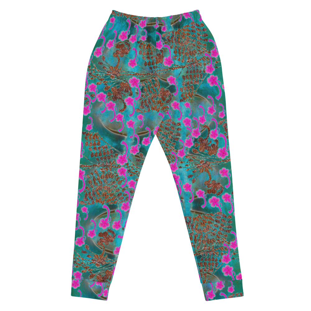 Hand Made, Print on Demand, Apparel & Accessories > Clothing > Activewear, Joggers, Sweatpants, River Jade Smithy, RJS, Travis Huffaker, RJSTH, 70% polyester, 27% cotton, 3% elastane, Slim fit, Cuffed legs, pockets, Elastic waistband, drawstring, RJSTH@Fabric#8, WindSong Flower Collection, raku, blue crackle, woven copper leaves, pink flowers, back