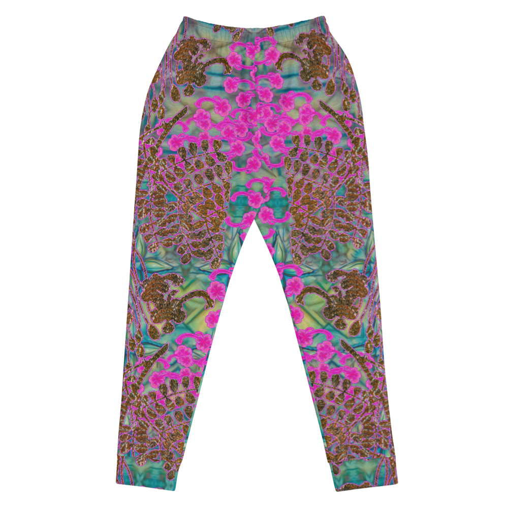 Hand Made, Print on Demand, Apparel & Accessories > Clothing > Activewear, Joggers, Sweatpants, River Jade Smithy, RJS, Travis Huffaker, RJSTH, 70% polyester, 27% cotton, 3% elastane, Slim fit, Cuffed legs, pockets, Elastic waistband, drawstring, RJSTH@Fabric#9, WindSong Flower Collection, geometric, raku, blue, crackle, woven, copper, leaves, pink, flowers, back