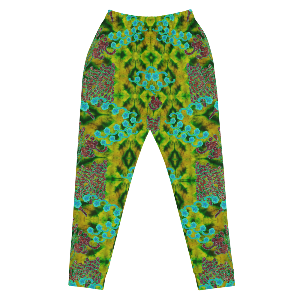 Hand Made, Print on Demand, Apparel & Accessories > Clothing > Activewear, Joggers, Sweatpants, River Jade Smithy, RJS, Travis Huffaker, RJSTH, 70% polyester, 27% cotton, 3% elastane, Slim fit, Cuffed legs, pockets, Elastic waistband, drawstring, RJSTH@Fabric#10, WindSong Flower, geometric, green, red, jade, Woven, copper, leaves, purple, flowers, back