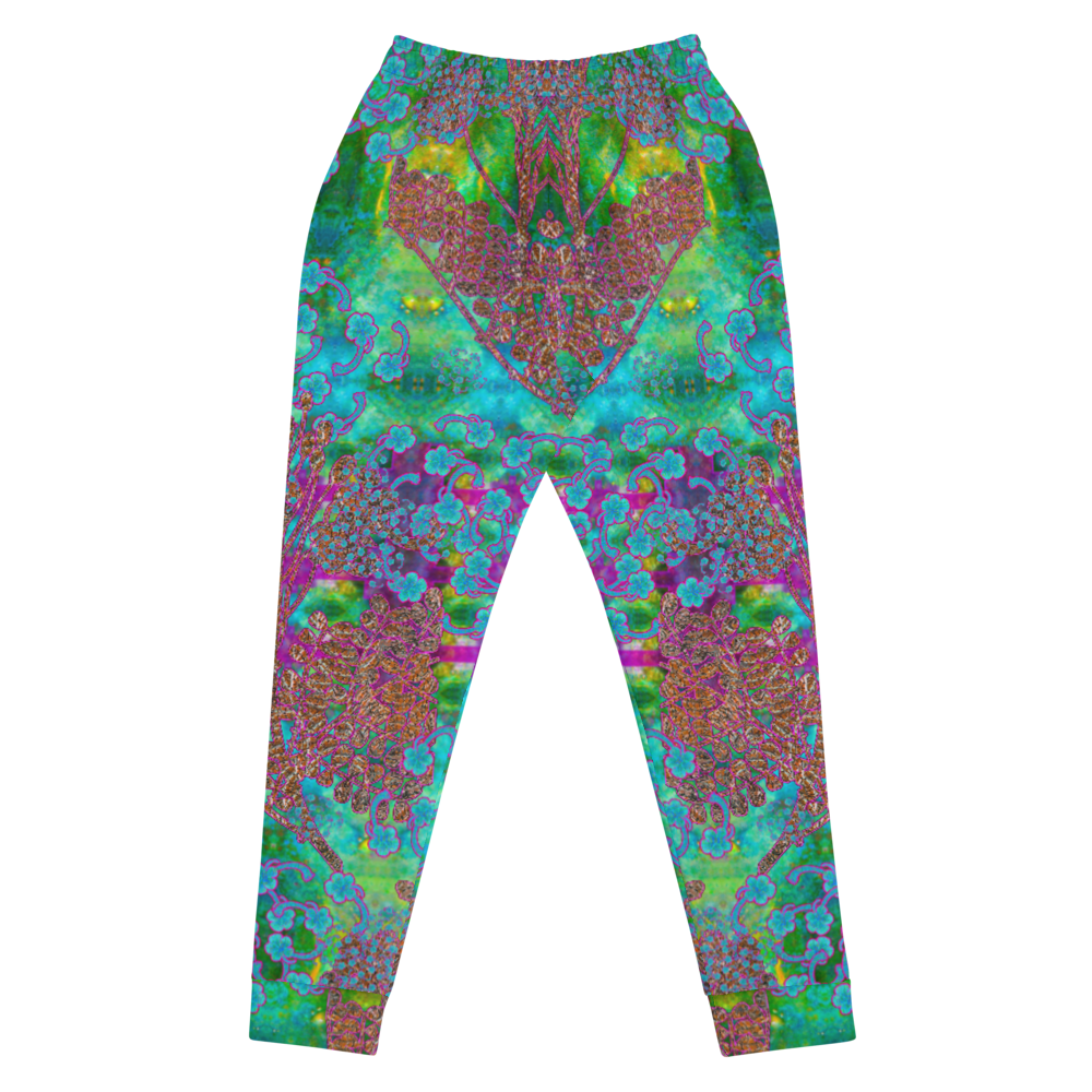 Hand Made, Print on Demand, Apparel & Accessories > Clothing > Activewear, Joggers, Sweatpants, River Jade Smithy, RJS, Travis Huffaker, RJSTH, 70% polyester, 27% cotton, 3% elastane, Slim fit, Cuffed legs, pockets, Elastic waistband, drawstring, RJSTH#Fabric#11, WindSong Flower Collection, blue, green, purple, Woven, Copper, leaves, Blue Flowers, back