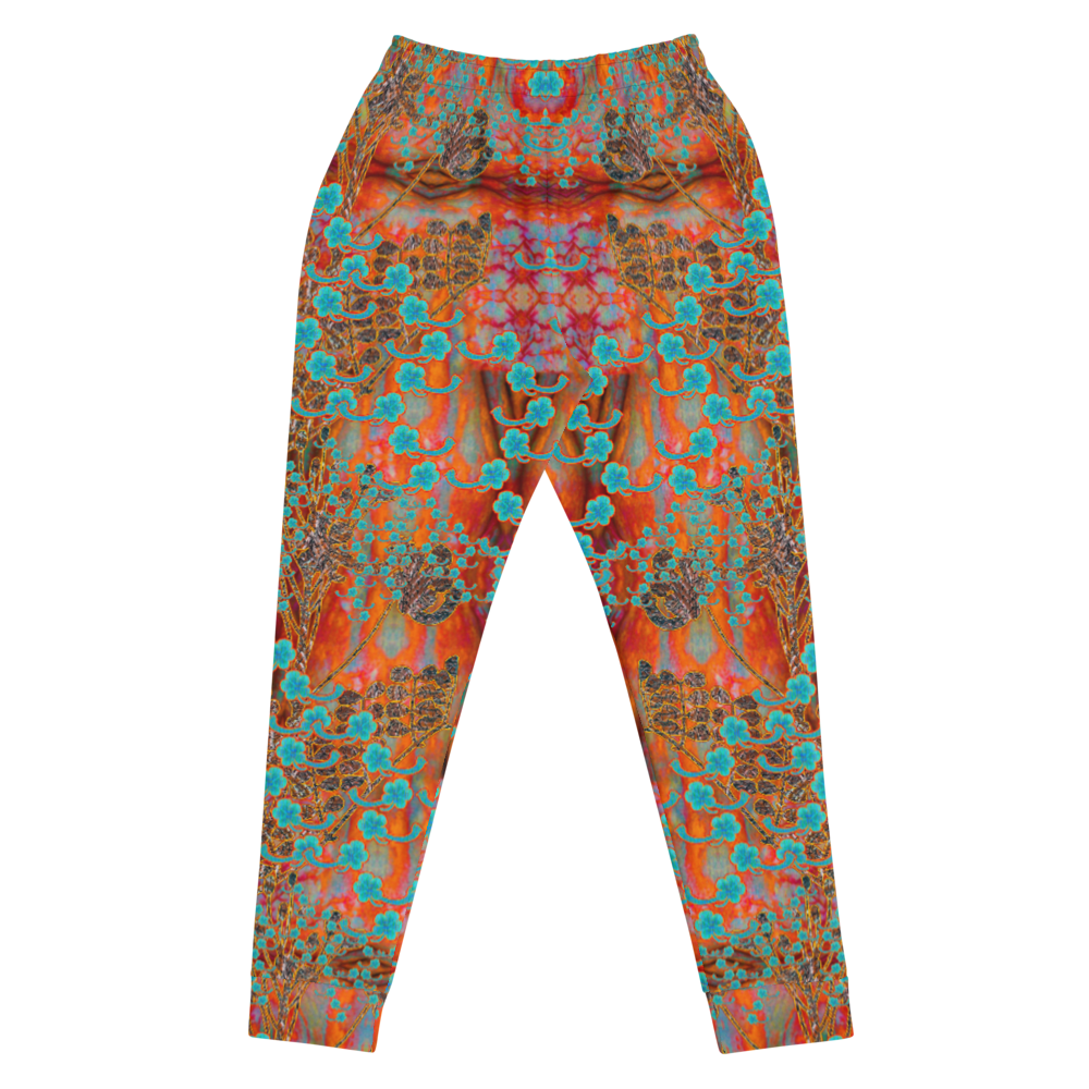 Hand Made, Print on Demand, Apparel & Accessories > Clothing > Activewear, Joggers, Sweatpants, River Jade Smithy, RJS, Travis Huffaker, RJSTH, 70% polyester, 27% cotton, 3% elastane, Slim fit, Cuffed legs, pockets, Elastic waistband, drawstring, RJSTH@Fabric#12, Windsong Flower, red, gray, woven, Copper, Blue Flowers , back